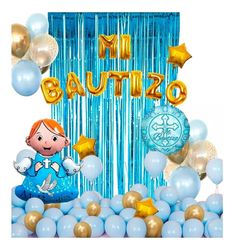 Decoración Globos Bautizo Azul Niño Dorado Cortina