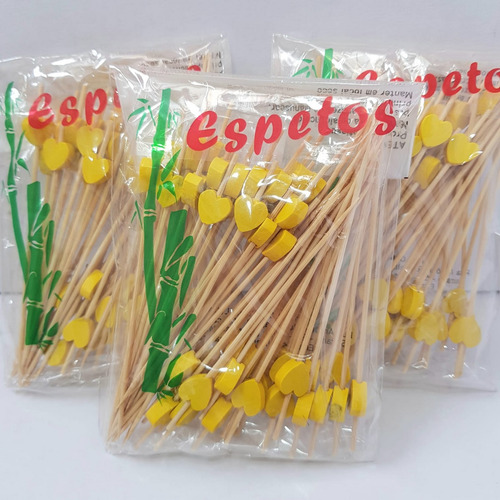 150 Espeto Enfeite Coração Amarelo 12 Cm Evento Lanche Drink