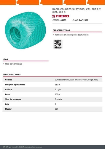 Rafia 500g De Color Fiero 45033