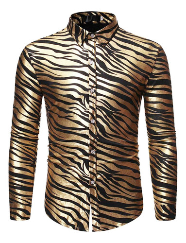Hombre Camisa Manga Larga Tigre Rayas Estampado En Caliente 