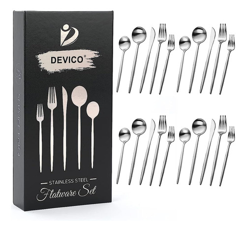 Devico Matte Silverware Set, 20-piece 18/10 Stainless Steel 