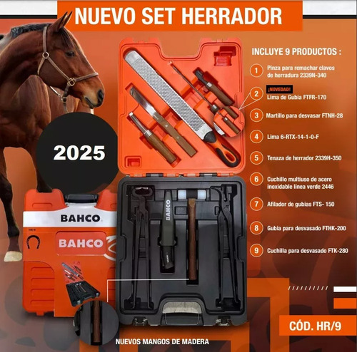 Set Herrador Bahco En Maletín 9 Piezas Hr/9 Gubia Lima Pinza Naranja
