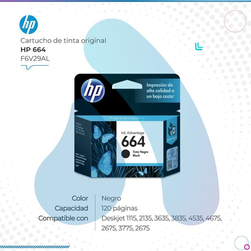Imagen 2 de 8 de Cartucho Hp 664 Negro F6v29al Orig. 2675 2135 3635 3775 4675