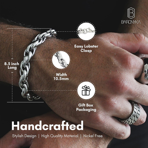 Pulsera Gruesa De Plata Hecha Mano Hombres, Acero Inoxi...
