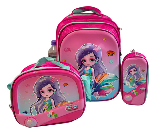 Mochila Sereia 3d Lancheira Térmica Estojo Impermeável Cor Rosa-chiclete Desenho Do Tecido Geométrico