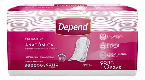 Toallas Femeninas Depend Anatómicas Flujo Ligero, 3piezas