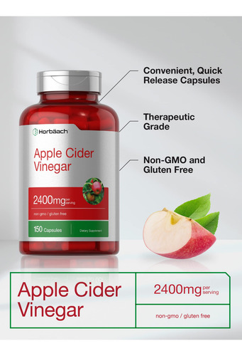 Cápsulas De Vinagre De Maçã 2400 Mg 200 Comprimidos Sem Ogm