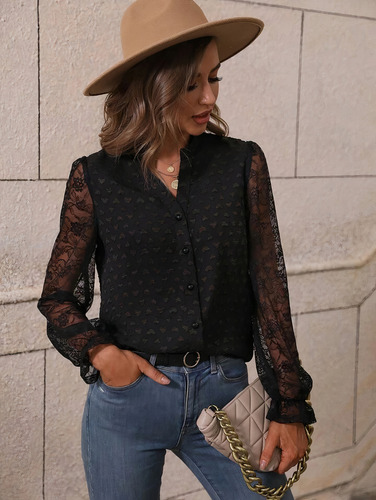 Camisa Blusa De Manga Larga Malla Transparente Para Mujer