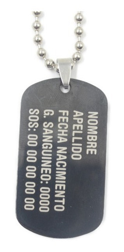 Imagen 2 de 3 de Placa Militar Negra Personalizada Láser Con Cadena