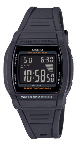 Reloj Casio Illuminator Digital W-201-1bv Unisex E-watch Color De La Correa Negro Color Del Bisel Negro Color Del Fondo Negro