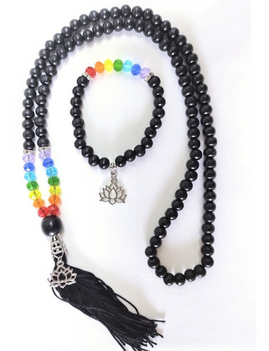 Imagem 1 de 5 de Kit Japamala+pulseira De Madeira 7 Chakras Em Cristal