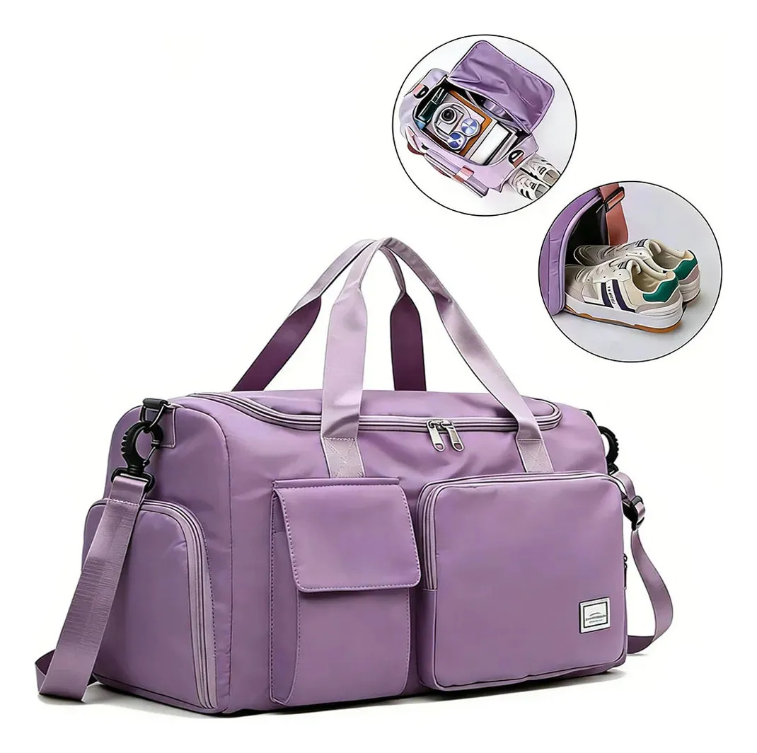 Maleta Deportiva Plegable 37L para Viaje y Gimnasio, Impermeable con Compartimento para Zapatos, Violeta