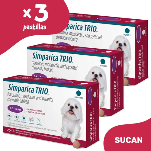 Pastilla Simparica Trio X 3un. - Perros 2,5 A 5 Kg