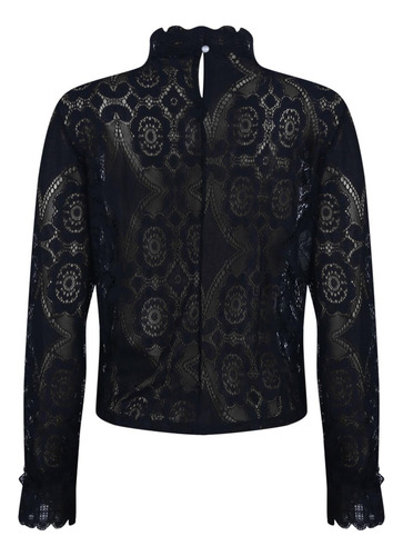 Blusa Transparente De Encaje Con Cuello Alto Y Manga Larga P