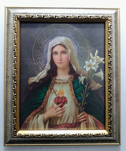 Inmaculado Corazón De María Enmarcado En Plata Y Oro 