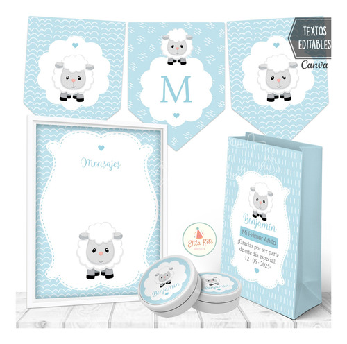 Kit Imprimible Ovejita Bebe Celeste + Banner, Texto Editable