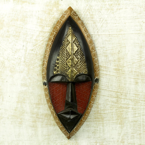 Máscara Africana De Madera De Sese Y Latón, Para Pared