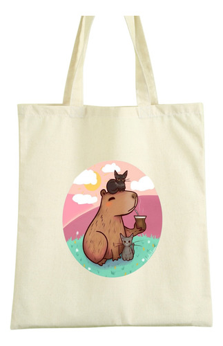 Tote Bag Tela - Estampado Capibara / Mate - 40x35cm Beige Capibara / Mate