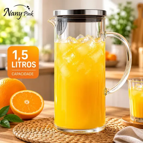 Jarra Vidro Borossilicato ​1,5 Litros Tampa Inox Hermética Agua Suco Transparente - Nany Pink