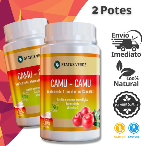2 Potes Camu-camu 500mg 100% Puro Natural Kit 120 Cáps - Status Verde