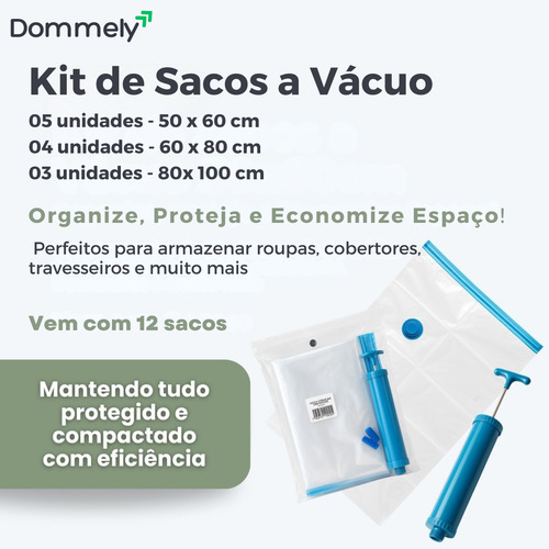Kit 12x Saco À Vacuo Embalagem Organizador De Malas Viagem Roupas Edredom Reutilizável Dommely Tamanhos 5x 50x60 4x 60x80 3x 80x100