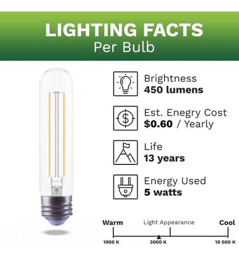 Bombilla Led T10 40w, 94 Cri, 5w, E26, Luz Suave 3000k,