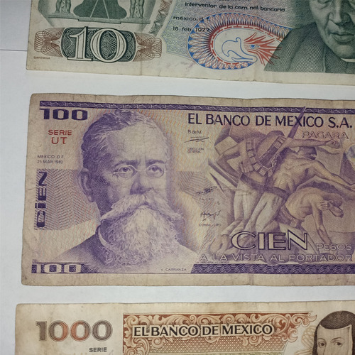 Billetes Mexicanos 10, 100 Y 1000 Pesos Lote De 3 Piezas (Usado)