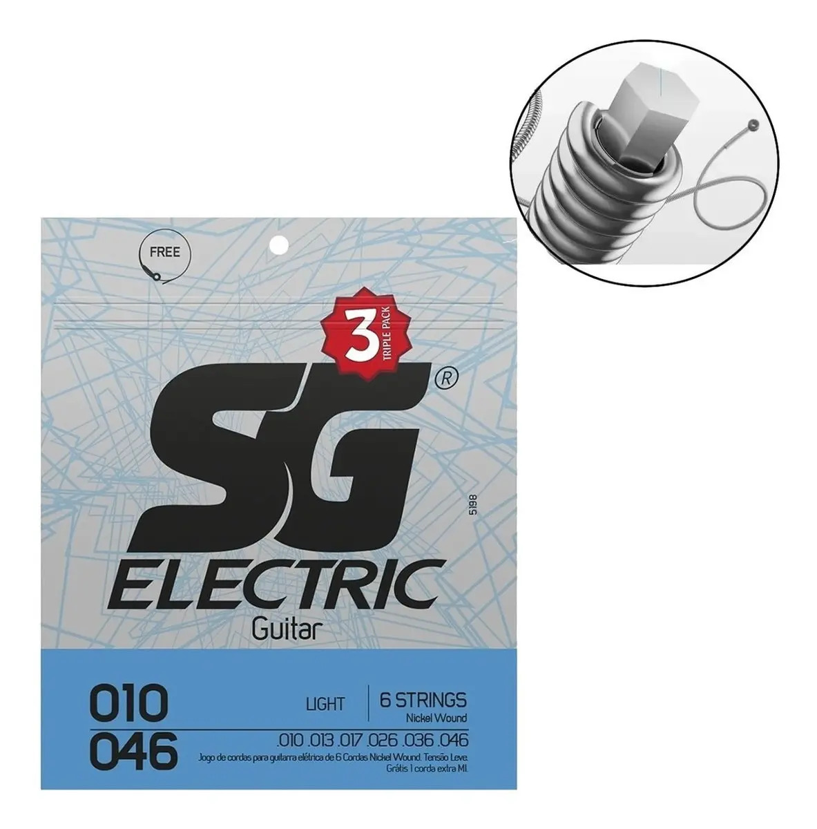 Kit 3 Encordoamentos para Guitarra 010 SG Strings Níquel Elétrica