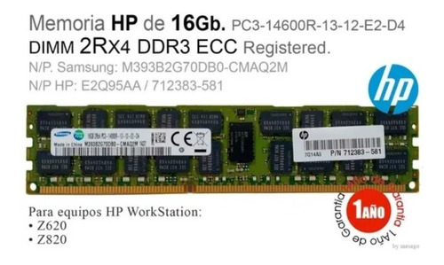 Memoria Hp 16gb Ddr3-1866 Pc3-14900 1x16gb Dimm Ecc E2q95aa (Usado)