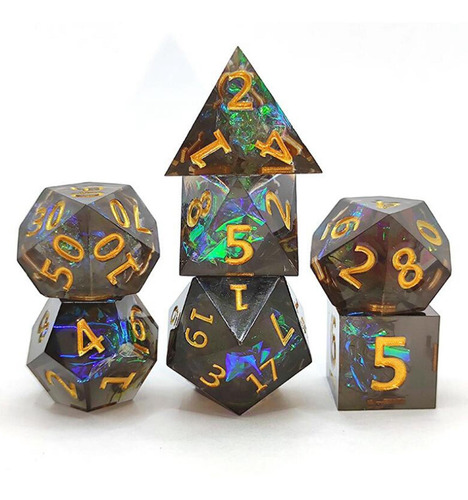 7 Piezas De Dados Poliédricos De Resina Juego Negro Dorado
