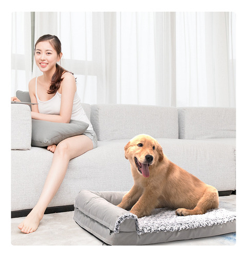Cama De Espuma Con Memoria Para Perros Grandes 101x81 Cm Con Almohadones Removibles Y Funda Lavable, Para Perros De Hasta 95 Libras - Dos Tonos De Felpa De Piel Sintética Y Gamuza En Forma De L - Gris