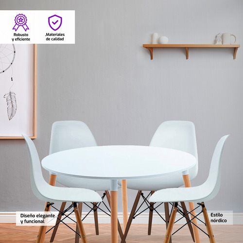 Juego Set Mesa Redonda Nórdica Blanca 100cm+4 Sillas Blancas