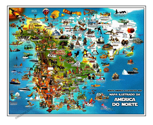 Mapa Ilustrado Da América Do Norte - 80x100cm Poster Plastificado - Culturas Animais Monumentos Invenções Trajes Típicos Pontos Turísticos -- 