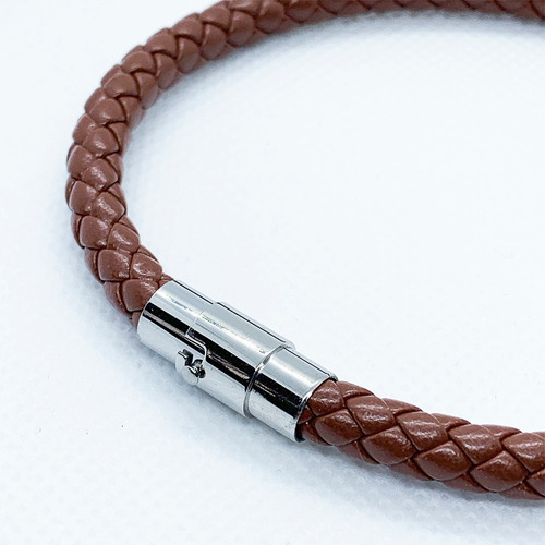 Pulseras Hombre Marrón Piel Trenzada Con Acero