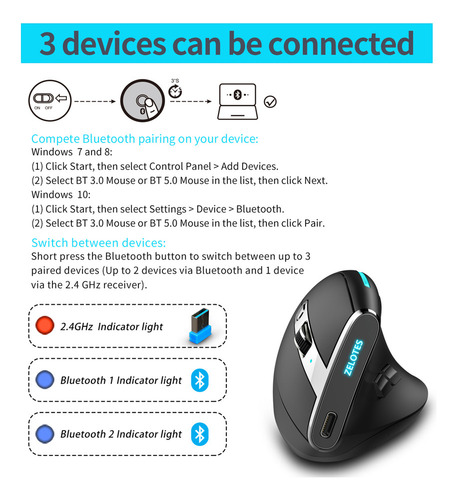 Mouse Vertical Completo Indicador Óptico Zelotes 8 Game 2,4