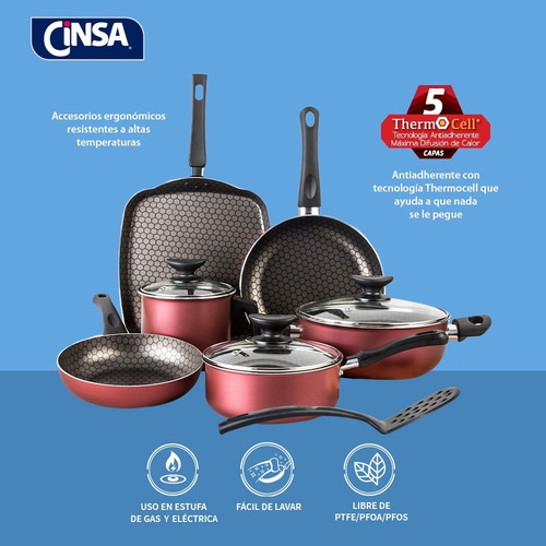 Batería De Cocina 10 Piezas Cinsa Magnífica Rojo Metálico