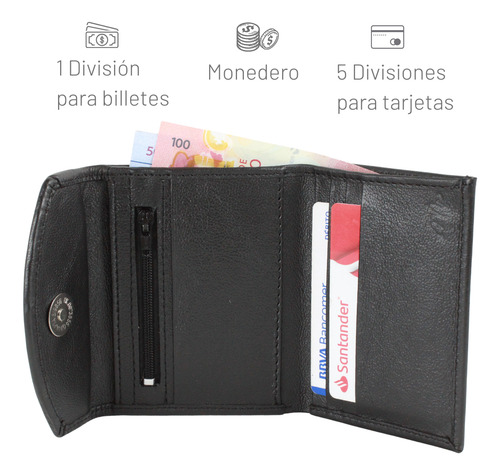 Tarjetero Piel Monedero Broche Imán Grabado Láser Negro
