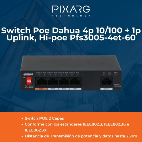 Imagen 2 de 9 de Switch Poe Dahua 4p 10/100 + 1p Uplink, Hi-poe Pfs3005-4et-6