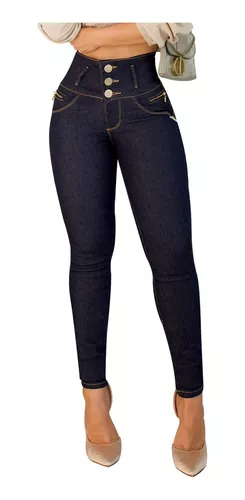 Calça Jeans Cós Alto Largo 3 Botões Lycra Modeladora