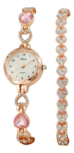 Relógio Feminino Com Pulseira Rosê Golden Corações Strass Correia Rosa Bisel Dourado Fundo Rosa