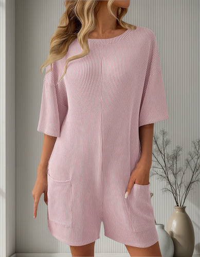 Bolsillos De Manga Corta Con Cuello Redondo Liso A La Moda P