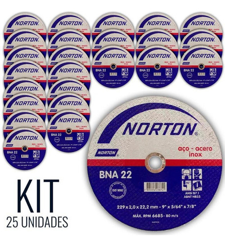 Disco De Corte Metal E Inox 9 Pol Bna-22 Kit 25 Peças Norton