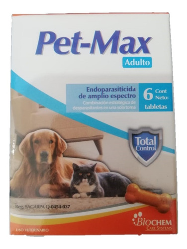 Imagen 1 de 1 de 6 Tabletas Pet Max Adulto Desparacitante Para Perro Y Gato Adulto 10kg