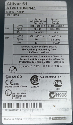 Inversor De Freq Schneider Atv61hu55n4z 380v 14,3a 7,5hp 3ph