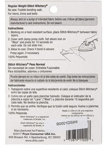 Dritz 222 Stitch Witchery Peso Regular 58 Pu Adas X 20 Yarda