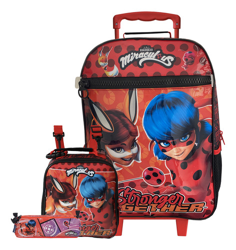 Mochila De Rodas Ladybug Com Lancheira E Estojo Escolar Cor Preto