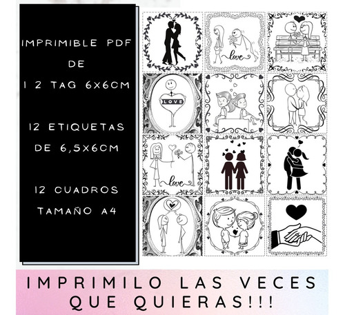 Imagen 3 de 5 de Kit Imprimible Pdf 2 San Valentín B N Tag Etiquetas Cuadros