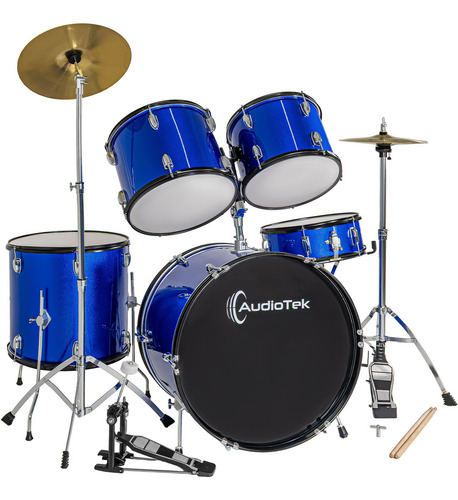 Bateria Musical Acustica 5pz Platillos Atriles Bombo 23 Pul Color Azul Audiotek