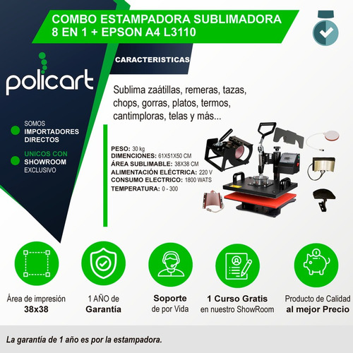 Kit Sublimación Estampadora 8 En 1 38x38 + Epson A4+ Tinta B