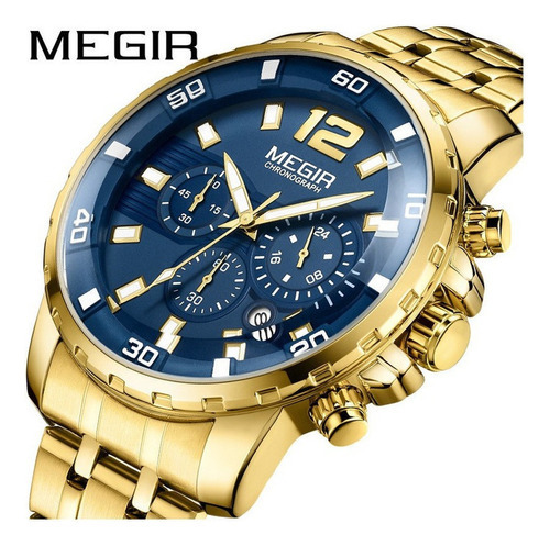 Relógio cronógrafo masculino Megir Business com pulseira dourada na cor do calendário